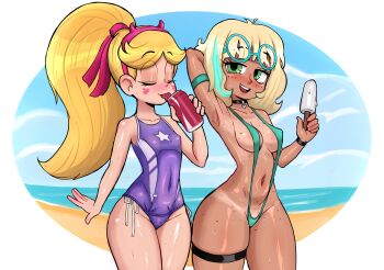2girls absurdres armlet armpits beach black_choker blonde_hair blush choker closed_eyes cola facial_mark fake_horns food green_eyes hairband heart highres horns ice_cream jackie_lynn_thomas jewelry long_hair looking_at_viewer medium_hair multiple_girls navel one-piece_swimsuit open_mouth ponytail rukisan(pixiv) slingshot_swimsuit star_(symbol) star_butterfly star_print star_vs_the_forces_of_evil sunglasses swimsuit tan tanline thick_thighs thighlet thighs tongue tongue_out wide_hips