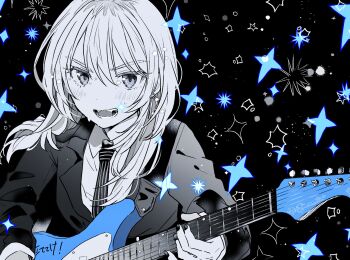 1girl blush cho_nekura earrings electric_guitar girls_band_cry guitar guitar_strap hair_between_eyes highres instrument jewelry kawaragi_momoka long_hair long_sleeves looking_at_viewer multicolored_hair nail_polish necktie open_mouth partially_colored roots_(hair) solo striped_necktie sweat teeth