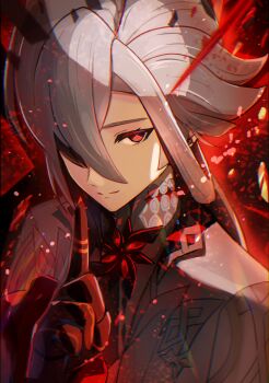 1girl arlecchino_(genshin_impact) ayumi_(ayumi99999999) black_eyes black_hands coat colored_extremities genshin_impact highres multicolored_hair nail_polish streaked_hair symbol-shaped_pupils two-tone_hair white_coat white_hair x-shaped_pupils