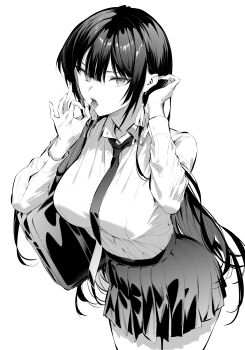 Rule 34 | 1girl, absurdres, adjusting hair, breasts, collared shirt, commentary request, cowboy shot, fellatio gesture, greyscale, haite kudasai takamine-san, highres, hiiragi yuuichi, large breasts, long hair, long sleeves, looking at viewer, monochrome, necktie, open mouth, pleated skirt, school uniform, shirt, shirt tucked in, simple background, skirt, solo, standing, takamine takane, tongue, tongue out, white background