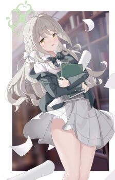 1girl absurdres blue_archive book bookshelf bow bowtie brown_hair commentary_request cowboy_shot diagonal-striped_bow green_bow green_bowtie green_halo green_jacket grey_skirt halo highres jacket long_hair long_sleeves looking_at_viewer miyo_(blue_archive) open_mouth outside_border panties panty_peek paper serika skirt solo striped_bow underwear white_bow white_panties wind wind_lift yellow_eyes