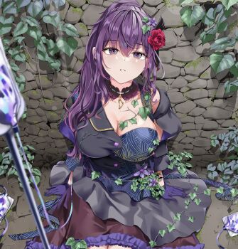 1girl absurdres asahina_mafuyu breasts cleavage collarbone commentary_request flower gloves highres katobii leaf long_hair project_sekai purple_eyes purple_gloves purple_hair red_flower sitting skirt solo