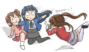 3girls black_hair black_pantyhose black_skirt blue_shirt camera commentary_request floating_hair grey_skirt holding holding_camera idolmaster idolmaster_million_live! jumping kasuga_mirai kneeling long_hair long_sleeves matsuda_arisa mogami_shizuka multiple_girls outstretched_arms pantyhose pink_shirt red_shirt shirt short_hair simple_background skirt spread_arms sweat taking_picture thighhighs tsubobot twintails v-shaped_eyebrows white_background white_thighhighs