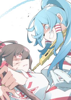 2girls ascot between_fingers blue_eyes blue_hair bow brown_hair ch00suke chain commentary_request cuffs detached_sleeves fighting frilled_hair_tubes frills gloves gohei grin hair_bow hair_ornament hair_tubes hakurei_reimu handcuffs highres holding holding_gohei long_hair long_sleeves miyadeguchi_mizuchi multiple_girls ofuda ofuda_between_fingers ponytail prison_clothes red_bow red_eyes ribbon-trimmed_sleeves ribbon_trim shirt skirt skull_hair_ornament smile striped_clothes striped_shirt striped_skirt touhou white_gloves yellow_ascot