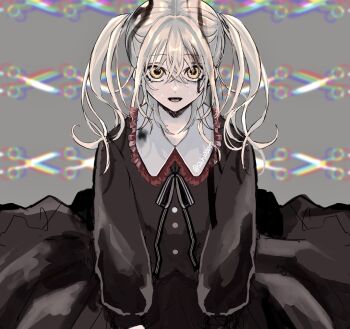 1girl black_dress black_ribbon commentary_request cowboy_shot crossed_bangs dirty dirty_clothes dress grey_background grey_hair hair_between_eyes highres long_sleeves looking_at_viewer medium_hair neck_ribbon open_mouth original ribbon sahi00000 scissors smile solo straight-on twintails yellow_eyes