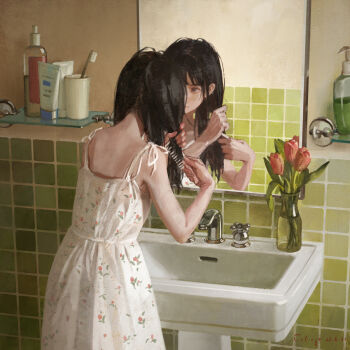 1girl bathroom black_eyes black_hair brushing_hair closed_mouth comb commentary_request cowboy_shot dress floral_print floral_print_dress flower from_behind highres indoors long_hair mirror original print_dress reflection signature sink sleeveless soap_bottle solo spaghetti_strap tile_wall tiles toothbrush tulip vase white_dress xiaobanbei_milk