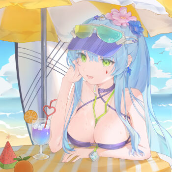 1girl :d arm_under_breasts beach beach_umbrella bikini blue_flower blue_hair breasts cleavage cocktail commentary_request cross day earrings facepaint flower girls'_frontline girls'_frontline_2:_exilium green_eyes hair_between_eyes hair_flower hair_ornament hand_on_own_cheek hand_on_own_face highres hk416_(girls'_frontline) iron_cross jewelry klukai_(cerulean_breaker)_(girls'_frontline_2) klukai_(girls'_frontline_2) leaning_forward leaning_on_table long_hair medium_breasts ocean open_mouth outdoors pink_flower ponytail purple_bikini smile solo sunglasses swimsuit teardrop umbrella upper_body very_long_hair visor_cap wet white_flower yurika_w_0308
