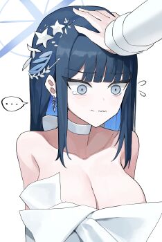 ... 1girl absurdres blue_archive blue_eyes blue_hair blue_halo blunt_bangs breasts choker cleavage colored_inner_hair commentary dra_(dhra_a) dress earrings flying_sweatdrops furrowed_brow halo headpat highres jewelry korean_commentary long_hair long_sleeves multicolored_hair official_alternate_costume saori_(blue_archive) saori_(dress)_(blue_archive) shirt simple_background speech_bubble spoken_ellipsis tearing_up upper_body wavy_mouth white_background white_choker white_dress white_shirt