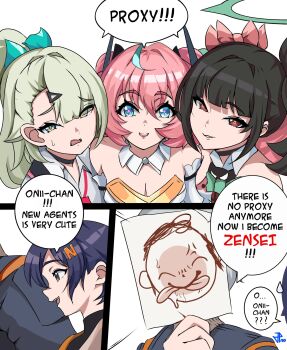 1boy 4girls aria_(zenless_zone_zero) asymmetrical_bangs belle_(zenless_zone_zero) black_choker black_hair blue_archive blue_eyes blue_hair bow choker colored_inner_hair doodle_sensei_(blue_archive) english_text green_eyes green_hair hair_bow highres jpno long_hair multicolored_hair multiple_girls nangong_yu pink_bow pink_hair red_eyes sensei_(blue_archive) short_hair side_ponytail sparkling_eyes speech_bubble sunna_(zenless_zone_zero) twintails wise_(zenless_zone_zero) zenless_zone_zero