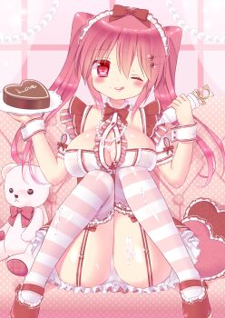 1girl ;q black_bow black_shoes blush bow bowtie breasts brown_bow brown_bowtie cake chocolate_cake cleavage cleavage_cutout closed_mouth clothing_cutout commentary_request couch cream cream_on_body cream_on_breasts cream_on_face food food_on_face food_writing full_body garter_straps hair_between_eyes hair_bow hair_ornament hairclip heart heart-shaped_cake heart-shaped_food heart-shaped_pillow heart_hair_ornament highres holding holding_plate indoors large_breasts long_hair looking_at_viewer maamu maid maid_headdress mary_janes on_couch one_eye_closed original panties pantyshot parallel_hairclips pastry_bag pillow plate red_eyes red_hair shoes short_sleeves sidelocks sitting solo striped_clothes striped_thighhighs stuffed_animal stuffed_toy teddy_bear thighhighs tongue tongue_out top_of_moe_2015 twintails underwear white_panties window