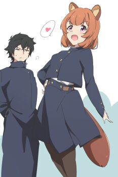 1boy 1girl alternate_costume alternate_hair_length alternate_hairstyle animal_ears black_hair blush commentary_request heart highres iwatani_naofumi looking_at_viewer open_mouth pink_eyes raccoon_ears raccoon_girl raccoon_tail raphtalia short_hair spoken_heart tail tate_no_yuusha_no_nariagari umanosuke
