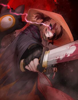 Rule 34 | 1girl, absurdres, alternate costume, black gloves, black kimono, blonde hair, blood, blood on clothes, blood on face, bloody weapon, brown hair, brown hat, clenched teeth, commentary, english commentary, eye trail, fingerless gloves, gigi murin, gloves, hat, highres, holding, holding sword, holding weapon, hololive, hololive english, japanese clothes, katana, kimono, light trail, long sleeves, looking at viewer, mayoa, multicolored hair, parted bangs, pink eyes, red sky, rice hat, samurai, sharp teeth, short hair, short twintails, sky, solo, sword, teeth, twintails, two-tone hair, upper body, virtual youtuber, weapon