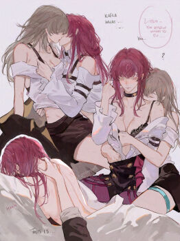 2girls ? bite_mark black_bra black_choker black_shorts black_skirt bra breasts choker cleavage closed_mouth commentary english_text grey_hair hickey high-waist_shorts highres honkai:_star_rail honkai_(series) kafka_(honkai:_star_rail) kiss kissing_neck large_breasts long_hair multiple_girls nyoomcat off-shoulder_shirt off_shoulder pantyhose purple_eyes purple_hair purple_pantyhose scratches shirt shorts skirt speech_bubble stelle_(honkai:_star_rail) thigh_strap trailblazer_(honkai:_star_rail) underwear undressing_another white_shirt yuri