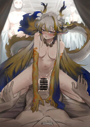 Rule 34 | 1girl, 3boys, absurdres, arknights, bar censor, blonde hair, blue hair, blush, breasts, censored, chinese commentary, collarbone, colored extremities, commentary request, completely nude, cum, dragon girl, dragon horns, dragon tail, ejaculation, fingernails, girl on top, green eyes, grey hair, hair intakes, hetero, highres, horns, indoors, jewelry, long hair, medium breasts, multicolored hair, multiple boys, necklace, ning re huahe erhao ji, nipples, nose blush, nude, open mouth, orange pupils, penis, pointy ears, sex, shu (arknights), sketch, sweat, tail, very long hair