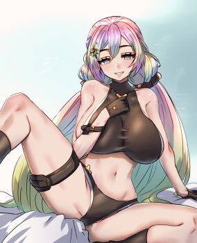 Rule 34 | 1girl, bare shoulders, belt, black dress, black panties, black socks, blue background, blush, breasts, cupitan (granblue fantasy), dress, garter belt, granblue fantasy, hair ornament, half-closed eyes, happy, large breasts, long hair, looking down, low twintails, multicolored hair, navel, on bed, panties, quanero, simple background, sitting, smile, socks, solo, spread legs, tagme, teeth, thigh belt, thigh strap, twintails, underwear, very long hair