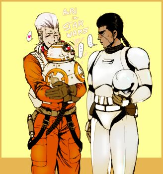 2boys bb-8 black_hair brown_gloves closed_eyes copyright_name cosplay dark-skinned_male dark_skin emiko facial_mark finn_(star_wars) finn_(star_wars)_(cosplay) flattop gloves heart helmet hug jean_pierre_polnareff jojo_no_kimyou_na_bouken mohammed_avdol multiple_boys parody poe_dameron poe_dameron_(cosplay) ponytail rebel_pilot_(star_wars) silver_hair smile spoken_heart star_wars star_wars:_the_force_awakens stormtrooper sweatdrop unworn_headwear unworn_helmet