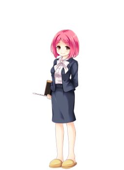 1girl black_jacket black_skirt black_suit book bow bowtie brown_eyes closed_mouth dress_shirt formal_clothes full_body girlfriend_(kari) holding holding_pointer jacket long_sleeves looking_at_viewer official_art open_clothes open_jacket pink_hair pointer qp:flapper shirt simple_background skirt skirt_suit slippers smile solo standing suit tachibana_kyouko_(girlfriend_kari) transparent_background white_bow white_bowtie white_shirt yellow_slippers