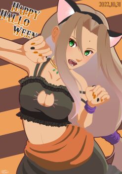 1girl animal_cutout animal_ears arc_the_lad arc_the_lad_ii bindi black_bra bra breasts brown_hair cat_cutout cat_ears cat_lingerie cleavage clothing_cutout dark-skinned_female dark_skin dated frilled_bra frills green_eyes halloween happy_halloween highres jewelry long_hair looking_at_viewer low-tied_long_hair midriff nail_polish open_mouth paw_pose roasted_burnt_c sania_(arc_the_lad) smile solo underwear