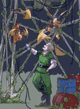 1boy blonde_hair boots bottle commentary fingerless_gloves gen_1_pokemon gloves highres holding holding_bottle male_focus mega_pokemon mega_raichu_x mega_raichu_y military_uniform moss nintendo open_mouth pokemon pokemon_(creature) pokemon_lgpe raichu surge_(pokemon) symbol-only_commentary to_rikan