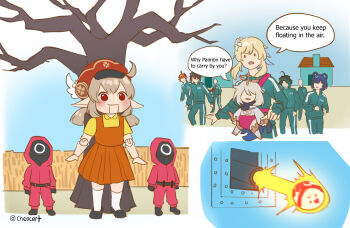 2others 3boys 3girls absurdres alternate_costume baby_carrier black_hair brown_hair newsboy_cap cheocart clover_print commentary cosplay dress dress_shirt english_commentary english_text engrish_text firing genshin_impact green_hair grey_hair hat highres jacket jumpy_dumpty klee_(genshin_impact) light_brown_hair lumine_(genshin_impact) mask mask_on_head meme multiple_boys multiple_girls multiple_others orange_dress paimon_(genshin_impact) pants parody ranguage red_eyes robot robot_(squid_game) robot_(squid_game)_(cosplay) shirt short_hair_with_long_locks squid_game tartaglia_(genshin_impact) track_jacket track_pants track_suit tree turret white_hair worker_(squid_game) xiangling_(genshin_impact) xiao_(genshin_impact) yellow_shirt zhongli_(genshin_impact)