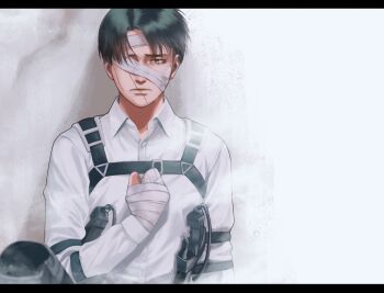 1boy aleve0420 bandage_over_one_eye bandaged_hand bandaged_head bandages bandaid bandaid_on_face black_border black_hair border chest_harness clenched_hand collared_shirt furrowed_brow grey_eyes hand_on_own_chest harness highres levi_(shingeki_no_kyojin) male_focus parted_bangs shingeki_no_kyojin shirt short_hair solo stitched_face stitches tears white_background white_shirt
