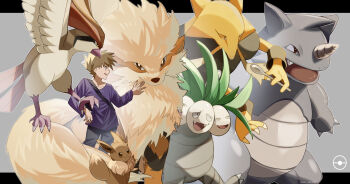 Rule 34 | 1boy, absurdres, alakazam, ame akira, arcanine, backpack, bag, bird, blue oak, brown eyes, brown hair, collarbone, commentary request, eevee, exeggutor, gen 1 pokemon, grey background, highres, long sleeves, male focus, nintendo, open mouth, pants, pidgeot, poke ball symbol, pokemon, pokemon (creature), pokemon rgby, purple shirt, rhydon, shirt, short hair, smile, spiked hair, standing