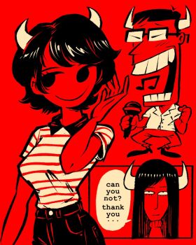 1boy 2girls atomiksaico black_hair bracelet breasts colored_skin commentary demon_girl english_commentary highres horns jewelry midriff multiple_girls oni original red_background red_skin red_theme shirt short_hair simple_background smile sunglasses