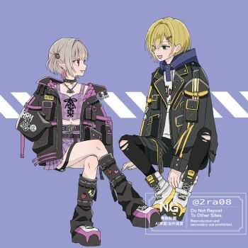 1boy 1girl 2ra08 arm_belt bat_necklace belt belt_buckle black_belt black_collar black_jacket black_leggings black_shorts black_straps blonde_hair blue_hood blunt_bangs blush boots buckle caution chain chain_necklace clothes_writing collar collarbone colored_inner_hair crop_top cross-laced_clothes cross-laced_top crossed_legs drawstring earclip fang full_body green_eyes grey_hair hair_intakes hair_ornament hair_over_one_eye hairclip hand_in_pocket highres hood hood_down hoodie invisible_chair jacket jewelry lace-up_boots lapels leggings looking_at_another loose_belt makaino_ririmu makaino_ririmu_(6th_costume) midriff miniskirt multicolored_hair multicolored_hair_bobbles multiple_belts navel necklace nijisanji no_headwear notched_lapels o-ring o-ring_collar o-ring_thigh_strap open_belt open_clothes open_jacket open_mouth parted_lips pendant pink_belt pink_hair pink_jacket pink_skirt pink_streaks plaid_clothes plaid_skirt pleated_skirt pocket pointy_ears print_hoodie profile purple_background red_eyes shoelaces short_hair shorts side-by-side simple_background sitting skin_fang skirt sleeves_past_wrists spiked_collar spikes streaked_hair studded_belt thigh_strap torn_clothes torn_leggings twitter_username two-sided_fabric two-sided_jacket two-tone_hair two_side_up unbuttoned unzipped uzuki_kou uzuki_kou_(5th_costume) virtual_youtuber watermark white_boots white_hoodie wolf_cut yellow_belt yellow_trim zipper_top