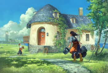 2girls absurdres apron ayanagi0319 black_hair blue_skirt blue_sky boots brown_apron brown_boots brown_hair bucket building carrying chair chimney cloud cobblestone cumulonimbus_cloud day door fantasy grass high-waist_skirt highres holding holding_bucket multiple_girls ocean open_mouth original outdoors path plant ponytail railing road scenery shirt skirt sky sword table tree vines water weapon window