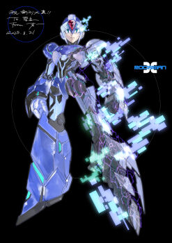 1boy absurdres android armor black_background blue_armor blue_helmet forehead_jewel full_body gift_art green_eyes helmet highres mega_man_(series) mega_man_x_(series) ruoyi120 second-party_source simple_background solo x_(mega_man)
