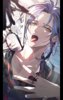 1boy absurdres ahoge black_gloves black_shirt blue_hair blurry blurry_foreground border chromatic_aberration collarbone collared_shirt commentary depth_of_field ear_piercing earrings english_commentary eyelashes fangs glasses glint gloves green_eyes hand_on_own_chest hand_up hex_haywire highres holding holding_removed_eyewear jacket jewelry koujisako looking_at_viewer male_focus medium_hair multicolored_eyes multicolored_hair multiple_rings nijisanji nijisanji_en open_mouth parted_bangs piercing pillarboxed portrait ring shirt short_hair solo teeth tongue tongue_out unworn_eyewear upper_body upper_teeth_only yellow_eyes