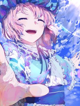 1girl absurdres black_ribbon blue_kimono blue_sash breasts cloud collar collared_dress commentary_request dress frills hat highres japanese_clothes kimono long_sleeves mob_cap open_mouth outstretched_arms pink_hair ribbon saigyouji_yuyuko sash short_hair sleeve_cuffs smile solo sun_glare touhou white_collar yuara
