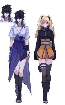 2girls bandaged_leg bandages black_boots black_eyes black_hair black_jacket black_thighhighs blonde_hair blue_eyes boots breasts facial_mark full_body genderswap genderswap_(mtf) hair_between_eyes highres hngbo652804 jacket long_hair looking_at_viewer medium_breasts multiple_girls naruko_(naruto) naruto_(series) naruto_shippuuden open-toe_boots orange_skirt popped_collar purple_skirt rope_belt shirt short_sleeves skirt spiked_hair thighhighs twintails uchiha_sasuke walking whisker_markings white_background white_shirt