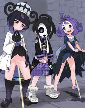 1boy 2girls acerola_(pokemon) ahoge allister_(pokemon) armlet bar_censor belt black_dress black_hair black_shirt black_shoes black_shorts blue_dress blue_eyes blue_panties blunt_bangs blush bobby_socks censored closed_mouth clothes_lift clothes_pull coat collared_shirt dress dress_lift embarrassed female_pubic_hair frilled_socks frills full_body gloves gradient_hair gwynn_(pokemon) hair_ornament hat highres jewelry leggings leggings_pull lifting_own_clothes loli long_bangs long_sleeves looking_at_another mary_janes mask multicolored_dress multicolored_hair multiple_girls nintendo no_panties open_mouth panties panty_pull partially_fingerless_gloves patchwork_clothes pee peeing peeing_together penis penis_grab pokemon pokemon_legends:_z-a pokemon_sm pokemon_swsh pubic_hair purple_eyes purple_gloves purple_hair purple_leggings purple_sandals pussy sandals shirt shoes short_hair shorts shorts_pull shota single_glove socks standing stone_floor stone_wall suspender_shorts suspenders sweat toes two-tone_panties underwear white_coat white_mask white_shoes window yakousei_(zcuh7833) yellow_panties