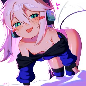 1girl :p absurdres arm_support armpit_crease artist_name black_jacket black_thighhighs blue_eyes blue_jacket blue_pupils blue_thighhighs blush blush_stickers borrowed_character breasts closed_mouth clothes_pull commentary digitan_(porforever) english_commentary hair_between_eyes half-closed_eyes heart highres hood hood_down hooded_jacket huge_filesize jacket jacket_pull kneeling loli long_hair long_sleeves looking_at_viewer multicolored_jacket najucaju_naju nipples on_bed original panties pink_panties robot_ears small_breasts solo star-shaped_pupils star_(symbol) striped_clothes striped_thighhighs sweat symbol-shaped_pupils tail tail_wagging thighhighs tongue tongue_out two-tone_jacket underwear white_hair