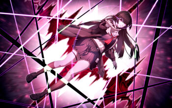 Rule 34 | 1girl, absurdres, black hair, black jacket, black shirt, black shoes, black skirt, black socks, chisa (wuthering waves), commentary request, hair ribbon, highres, jacket, long hair, long sleeves, looking at viewer, midriff, navel, neckerchief, outstretched arm, red eyes, red neckerchief, red ribbon, ribbon, sailor collar, shirt, shoes, skirt, socks, solo, soon (yjwx8242), thigh strap, thighs, white sailor collar, wuthering waves