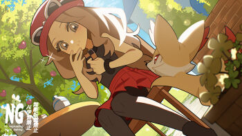 1girl absurdres ame_akira blurry blurry_foreground bracelet brown_hair chair closed_mouth cloud commentary day eating eyewear_on_headwear fennekin food food_on_face gen_6_pokemon hat highres holding jewelry long_hair nintendo outdoors pleated_skirt pokemon pokemon_(creature) pokemon_xy serena_(pokemon) shirt shoes sitting skirt sky sunglasses table thighhighs tree watermark