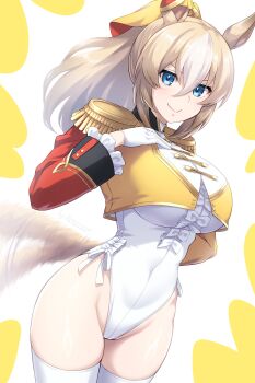 1girl adapted_costume animal_ears arm_behind_back asymmetrical_sleeves blonde_hair breasts center_frills closed_mouth commentary_request commission covered_navel cowboy_shot cropped_jacket durandal_(chevalier_fidele)_(umamusume) durandal_(umamusume) ear_covers epaulettes frilled_sleeves frills gloves gold_trim hair_between_eyes hair_ornament highleg highleg_leotard highres horse_ears horse_girl horse_tail jacket large_breasts leotard long_hair looking_at_viewer mismatched_sleeves pataneet pixiv_commission ponytail simple_background single_ear_cover smile solo tail tail_wagging thighhighs thighs umamusume v-shaped_eyebrows white_gloves white_leotard white_streaks white_thighhighs yellow_jacket