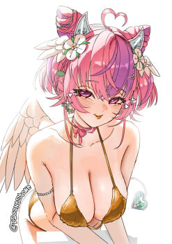 1girl ahoge angel_wings artist_name bikini blush bow braid breasts cleavage closed_mouth commentary cone_hair_bun cowboy_shot crossed_bangs demon_tail double_bun fake_horns floral_print flower gold_bikini hair_between_eyes hair_bun hair_flower hair_ornament hair_wings hairband heart heart_ahoge highres horn_hairband horns indie_virtual_youtuber ironmouse large_breasts leaning_forward looking_at_viewer pink_bow pink_eyes short_hair simple_background solo sparkle swimsuit tail untranslatable_commentary vacantstone virtual_youtuber white_background white_flower white_wings wings