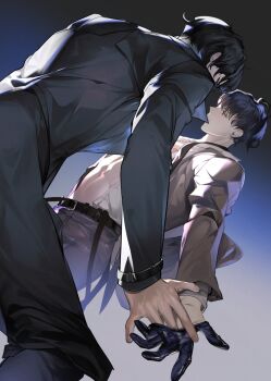 2boys abs belt black_coat black_gloves black_hair brown_shirt coat from_below gloves high_ponytail highres holding_hands kim_dokja kyou_tayaoi looking_at_another male_focus multiple_boys omniscient_reader&#039;s_viewpoint open_clothes open_coat open_shirt ponytail popped_collar removing_glove shirt short_hair toned toned_male yaoi yoo_joonghyuk