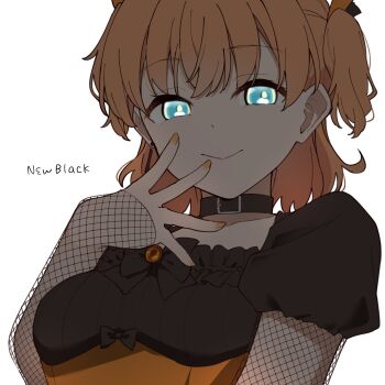 1girl aqua_eyes black_dress breasts closed_mouth commentary dress fishnet_sleeves fishnets frilled_dress frills highres hinoshita_kaho link!_like!_love_live! liz_(piyoko_piyop) long_sleeves looking_at_viewer love_live! medium_breasts new_black_(love_live!) orange_hair see-through_clothes see-through_sleeves simple_background solo song_name split_mouth symbol-only_commentary two_side_up upper_body virtual_youtuber white_background