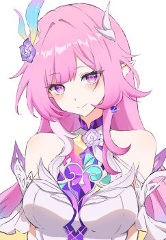 1girl bare_shoulders breasts commentary_request cyrene_(honkai:_star_rail) cyrene_(ripples_of_past_reverie)_(honkai:_star_rail) diamond-shaped_pupils diamond_(shape) dress earrings flower hair_flower hair_ornament highres honkai:_star_rail honkai_(series) jewelry large_breasts long_hair looking_at_viewer pointy_ears purple_eyes simple_background solo symbol-shaped_pupils upper_body very_long_hair white_background white_dress yudemame1027