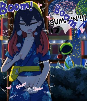 1boy 1girl aerial_fireworks bag bar_censor bite_mark bite_mark_on_neck blue_shirt blue_shorts bush candy_apple carmine_(pokemon) censored closed_eyes clothes_pull collarbone commentary_request english_text fanny_pack female_ejaculation female_masturbation female_orgasm female_pubic_hair festival_jinbei fingering fireworks food hair_between_eyes hairband heart highres kieran_(pokemon) long_hair masturbation multicolored_hair night nintendo nipples one_breast_out open_mouth orgasm outdoors pokemon pokemon_scarlet_and_violet pubic_hair public_indecency public_masturbation shirt shorts shorts_pull simesaba_(xwdt4337) sky speech_bubble stealth_masturbation sweat teeth tree trembling two-tone_hair upper_teeth_only vaginal yellow_bag yellow_hairband zipper_pull_tab