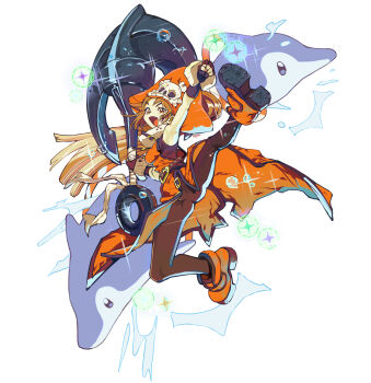 Rule 34 | 1girl, absurdres, anchor, arm up, belt, black gloves, bodysuit, boots, brown bodysuit, brown hair, bubble, commentary request, dolphin, eudetenis, fang, fighting game, fingerless gloves, gloves, guilty gear, happy, hat, hat ornament, high kick, highres, holding, holding anchor, kicking, long hair, looking at viewer, may (guilty gear), midair, mr. dolphin (guilty gear), open mouth, orange boots, orange eyes, orange hat, pirate costume, pirate hat, skull and crossbones, skull hat ornament, solo, sparkle, splashing, surcoat, white background