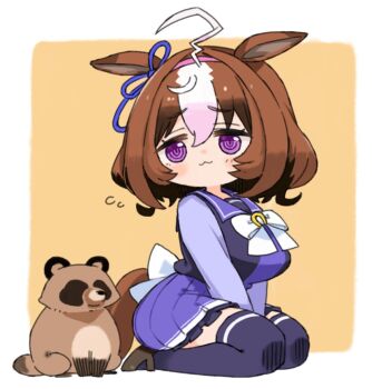 1girl :3 @_@ ahoge animal_ears blush bow bowtie breasts brown_hair closed_mouth double-parted_bangs ear_ribbon hair_between_eyes hairband highres horse_ears horse_girl horse_tail large_breasts long_sleeves meisho_doto_(umamusume) moru_(monaka) multicolored_hair pink_hairband purple_eyes purple_sailor_collar purple_serafuku purple_shirt purple_skirt purple_thighhighs sailor_collar sailor_shirt school_uniform serafuku shirt short_hair skirt smile tail tanuki thighhighs tracen_school_uniform two-tone_hair umamusume white_bow white_bowtie white_hair