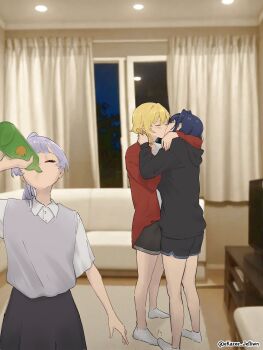 3girls black_hoodie black_shorts blonde_hair bottle closed_eyes commentary couch curtains drinking ekazee_jefliwn english_commentary girl_drinking_while_guys_make_out_(meme) grey_sweater_vest highres holding holding_bottle hololive hololive_english hololive_indonesia hood hoodie indoors kaela_kovalskia kiss koseki_bijou long_hair meme multiple_girls ouro_kronii photo_background ponytail purple_hair red_shirt shirt shorts socks sweater_vest virtual_youtuber white_shirt white_socks yuri