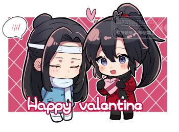 2boys :d ahoge alternate_costume argyle_background aslle black_gloves black_hair black_pants black_scarf blue_coat blush boots box chibi chibi_only closed_eyes closed_mouth coat commentary_request contemporary ear_blush english_text gift gift_box gloves hair_between_eyes happy_valentine headband heart heart-shaped_box heart_ahoge high_ponytail holding holding_box holding_gift lan_wangji long_hair long_sleeves looking_at_another male_focus modao_zushi multiple_boys open_mouth pants parted_bangs ponytail purple_eyes red_coat scarf sidelocks smile speech_bubble spoken_blush standing topknot twitter_username valentine watermark wei_wuxian white_headband white_pants white_scarf winter_clothes yaoi