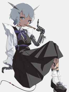1girl absurdres android asymmetrical_sleeves black_dress black_shoes blue_eyes blush bow cable dated dress earrings eating eyelashes fish_(food) food highres holding holding_food jewelry mechabare mechanical_arms original purple_bow qiaogun_damodao shoes short_hair simple_background sitting socks solo white_background white_hair white_socks