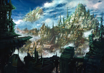 above_clouds architecture blue_sky building city cityscape cloud cloudy_sky concept_art day fantasy floating_island highres keishi109 no_humans original outdoors scenery science_fiction sky tower