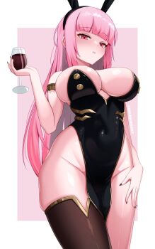 1girl adapted_costume alcohol animal_ear_hairband animal_ears artist_name bare_shoulders black_dress black_leotard border breasts cleavage covered_navel cup dress drinking_glass fake_animal_ears hairband highleg highleg_leotard highres holding holding_cup hololive hololive_english large_breasts leotard long_hair looking_at_viewer mori_calliope mori_calliope_(1st_costume) navel open_mouth pink_background pink_eyes pink_hair playboy_bunny rabbit_ear_hairband rabbit_ears red_eyes red_nails red_wine single_thighhigh solevisionarts solo strapless strapless_leotard thighhighs twitter_username virtual_youtuber white_border wine wine_glass